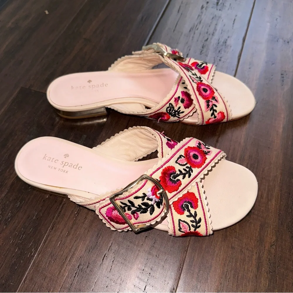 Kate Spade Faris Floral Embroidered Slide Sandal Cross Over Strap Buckle Size 7